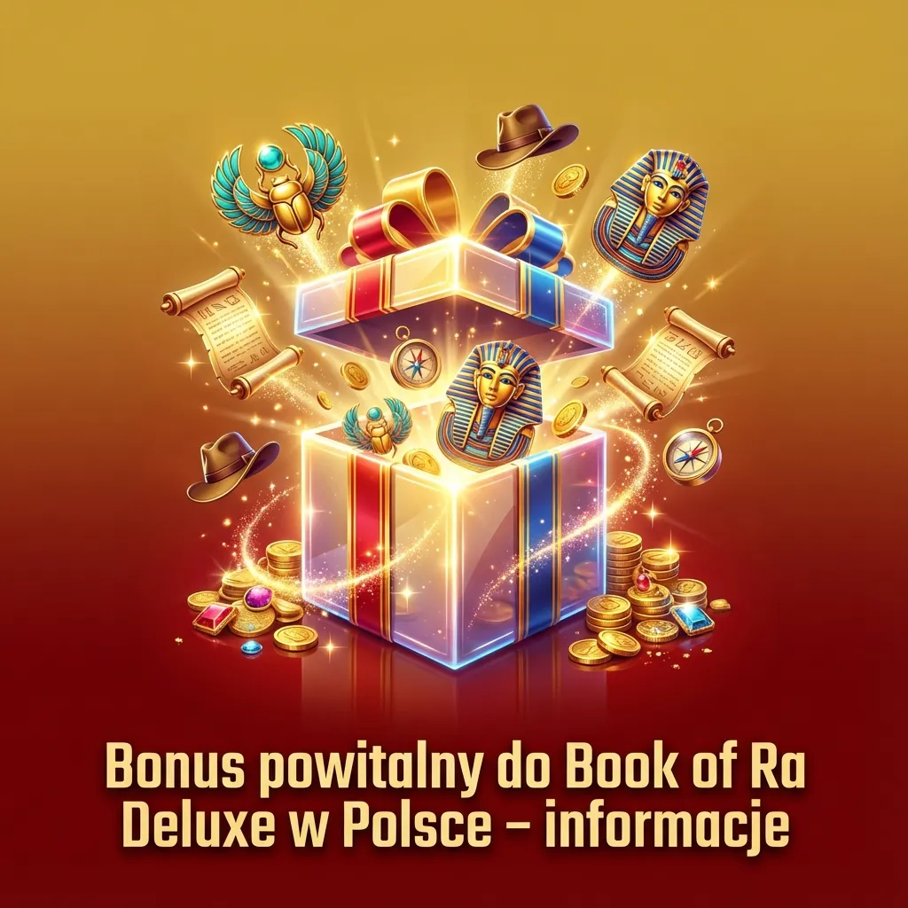 Ekran kasyna online z Book of Ra Deluxe i komunikatem o bonusie powitalnym dla nowych graczy w Polsce