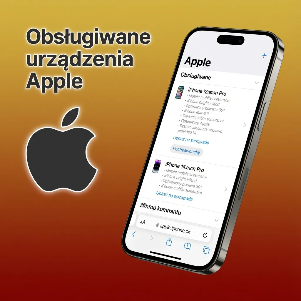 Grafika prezentująca obsługiwane urządzenia Apple: różne modele iPhone 8–15 oraz iPady kompatybilne z PWA kasyna