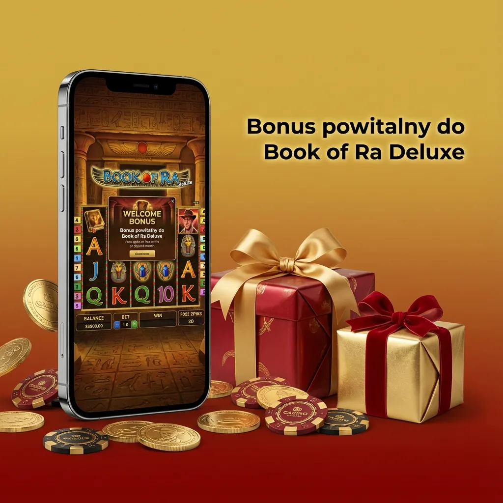 Ekran powitalnego bonusu kasynowego z automatem Book of Ra Deluxe, monetami i napisem „Bonus powitalny”