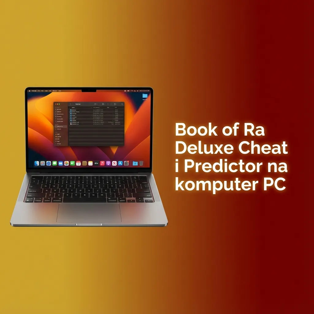 Ekran laptopa z instalacją programu Book of Ra Deluxe Predictor i listą kroków konfiguracji na komputerze PC