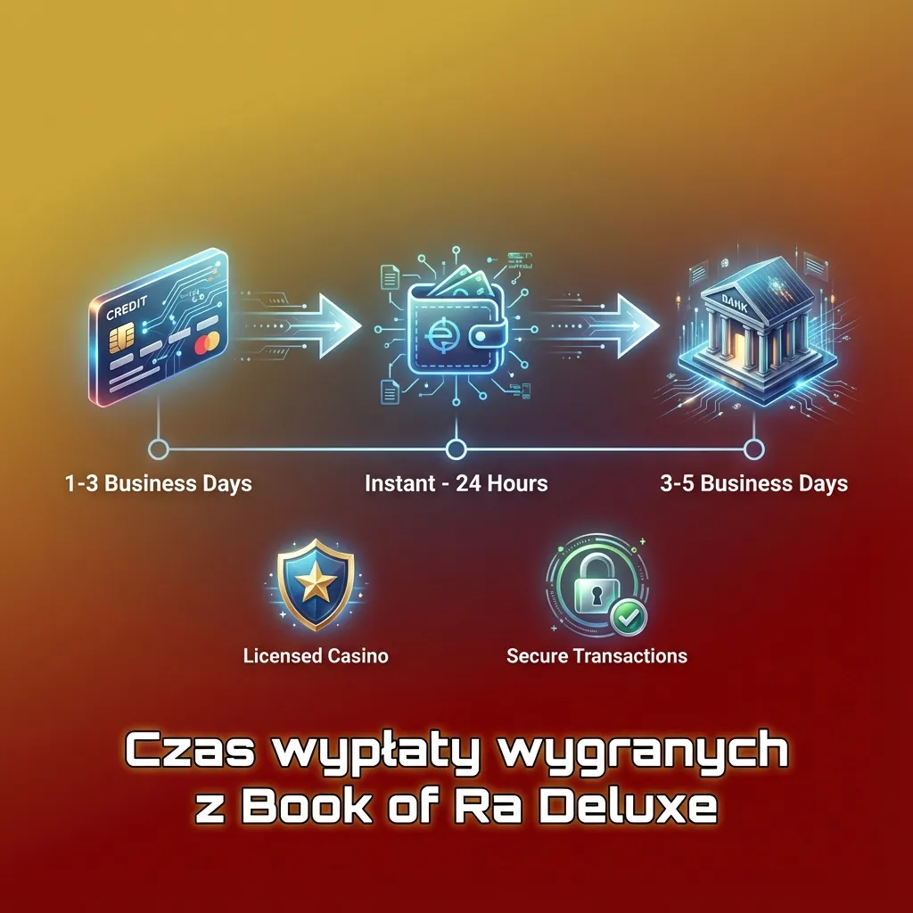 Schemat czasu wypłat z Book of Ra Deluxe: e-portfele, BLIK, przelew, karta, z zaznaczonymi różnymi przedziałami czasowymi