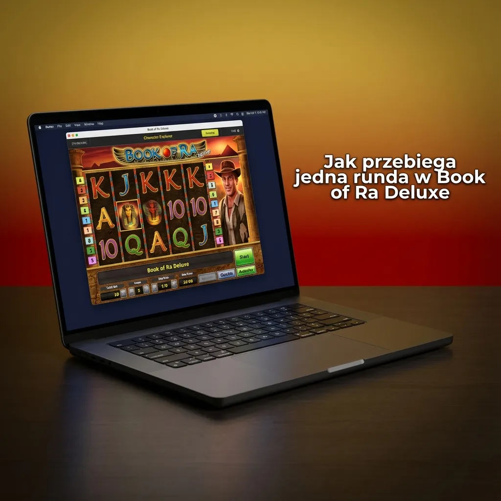 Schemat rundy w Book of Ra Deluxe: ustawianie linii i stawki, obrót bębnów, wygrane z symbolem Księgi jako scatter i wild