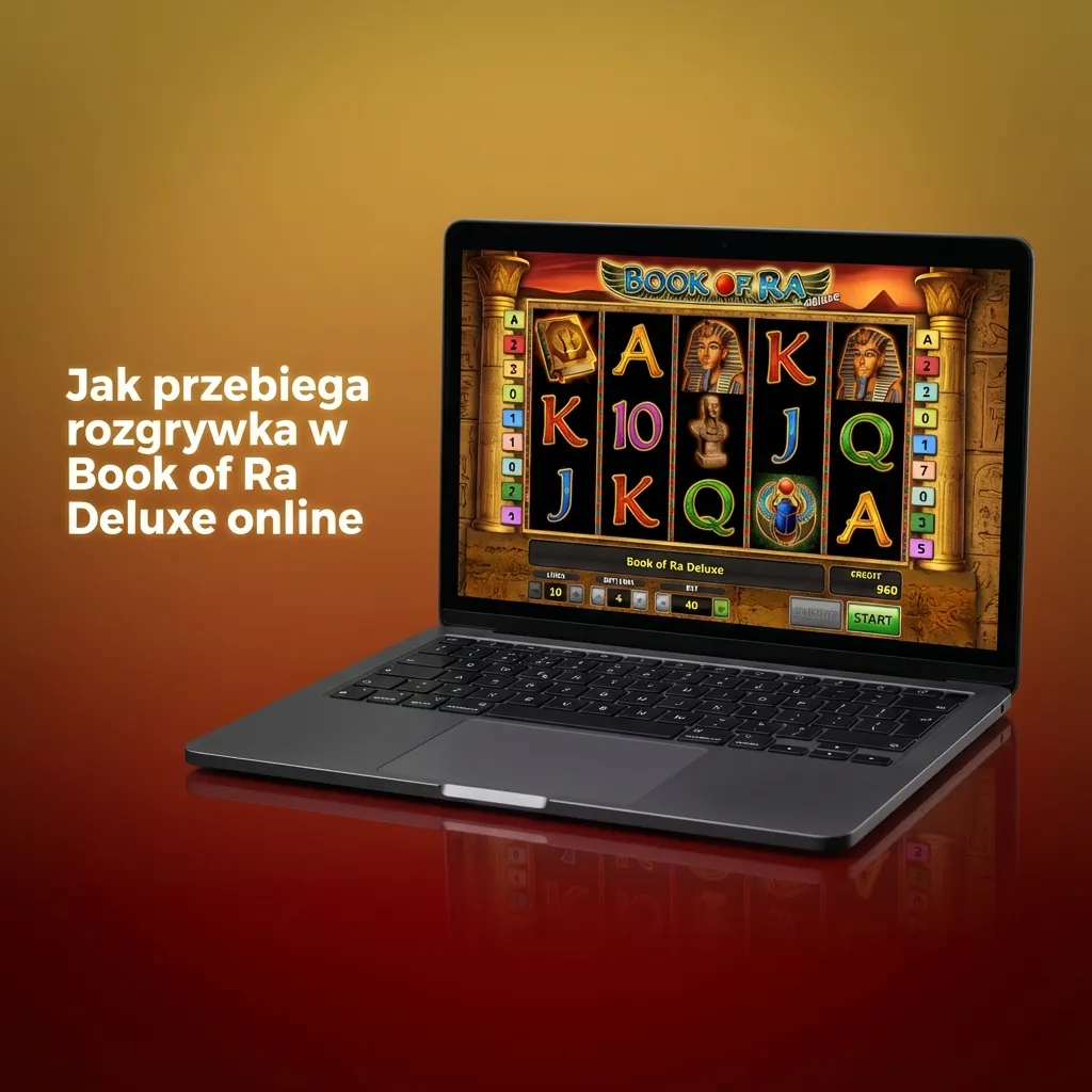 Ekran slotu Book of Ra Deluxe z 5 bębnami, 10 liniami wygranych i panelem sterowania pod bębnami