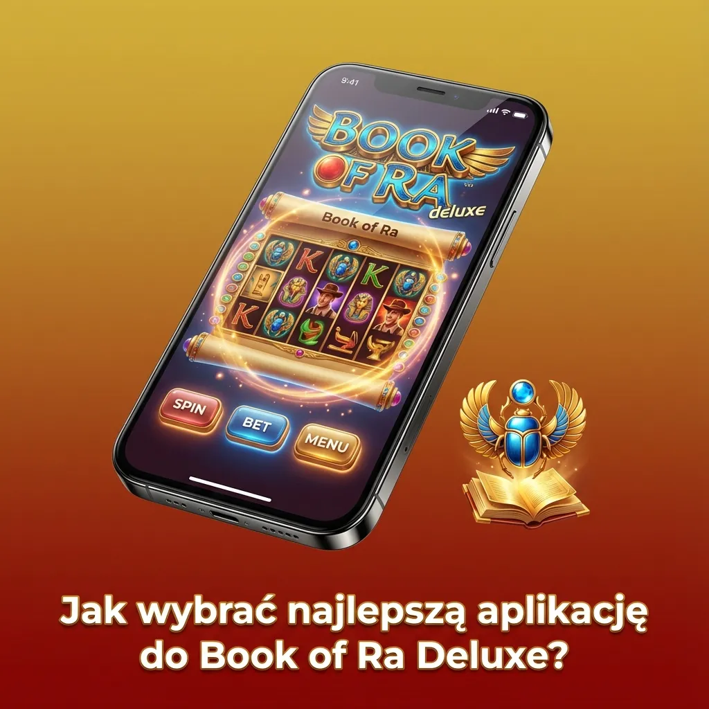 Ekran smartfona z kilkoma aplikacjami kasyn online, wyróżnionym slotem Book of Ra Deluxe i listą kryteriów wyboru